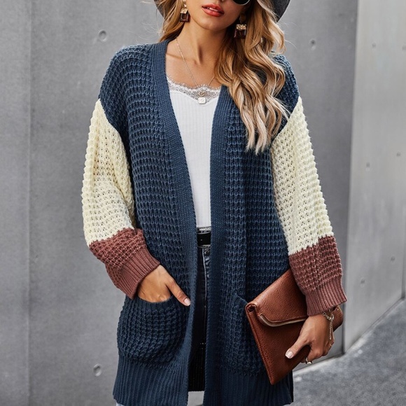 Sweaters - Color block chunky knit pocket open front cardigan
